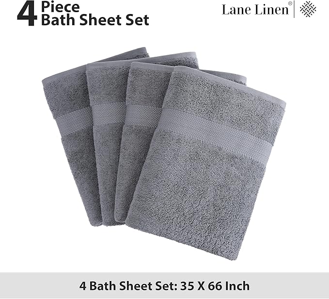 LANE LINEN 100% Cotton 4 Pack Bath Sheets (35"x66") - Highly Absorbent, Super Soft & Durable Extra Large Towel Sets - Fade Resistant, Machine Washable - Oversized Luxury Bathroom Towels - Cool Grey
