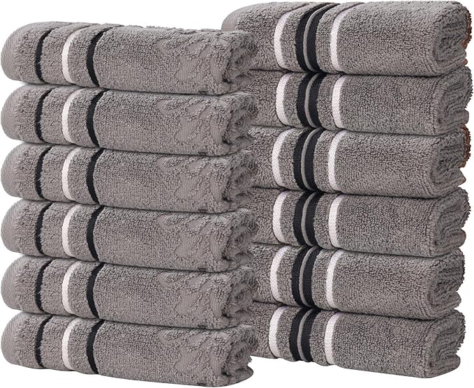 Superior Cotton Face Towel/Washcloth Set, Small Facial Towels, Spa, Hotel, Guest, Home, Bathroom Basics, Plush Soft Absorbent, Luxury Quick Drying, Zero Twist, Assorted Design, Set of 12, Charcoal