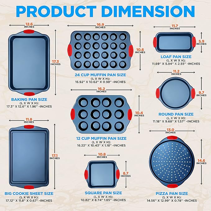 NutriChef 10-Piece Nonstick Bakeware Set - Premium Carbon Steel Baking Pans w/Silicone Handles - Includes Pizza Tray with Holes, 12 & 24 Cup Muffin Pans, Cookie Sheets, Round, Square & Loaf Pan - Blue