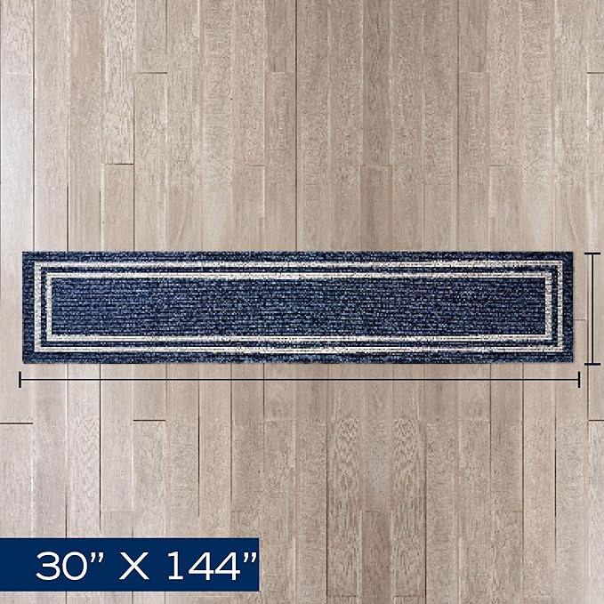 Nautica – Runner Rug | Indoor Runners for Hallways and Entry Rugs| Non-Slip and Non-Skid Entry and Kitchen Door Mat| Machine Washable Entryway Carpet Rugs | 2'6" x 12' | Double Border Denim