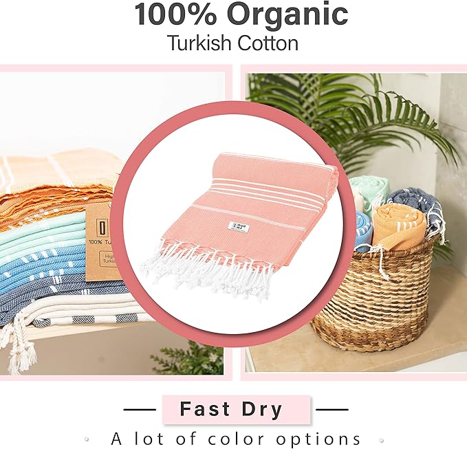 Turkish Beach Towel - Cotton Bathroom Towels Highly-Absorbent Quick Dry Bath Towels 37 x 70 inch Beach Towels Sand-Free Turkish Bath Towel Multipurpose Yoga Towel Beach Blanket (Coral)