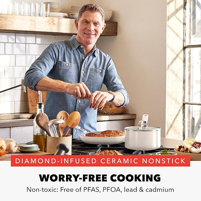 GreenPan x Bobby Flay 2 Piece- 8” and 10” Nonstick Frying Pan Skillet Set, PFAS-Free Diamond Ceramic, Induction Suitable, Stay-Cool Silicone Handle, Easy Clean Dishwasher & Oven Safe, Cream