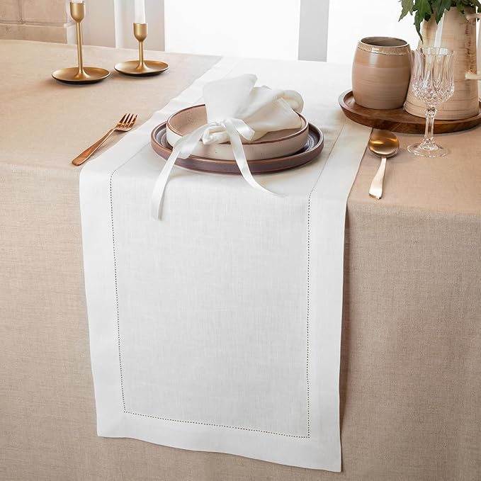 D'Moksha Homes Linen White Table Runner 60 Inches - Classic Hemstitch, 100% Pure Linen Coffee Table Runner 14 x 60 Inch Ideal for Dresser Tables - Winter, Holiday, New Year