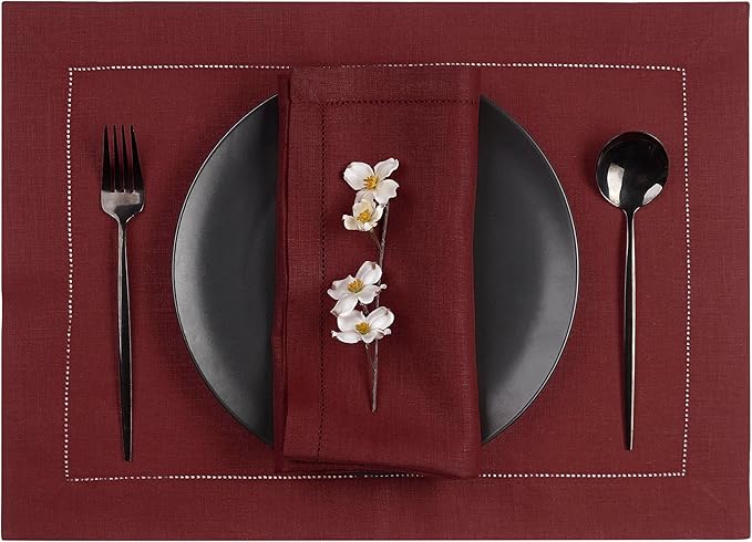 D'Moksha Homes Linen Placemats Set of 4 - Classic Hemstitch Dark Red Placemats 14 x 19 Inch - 100% Pure Linen Table Mats for Winter, Holiday, New Year - Handcrafted and Machine Washable