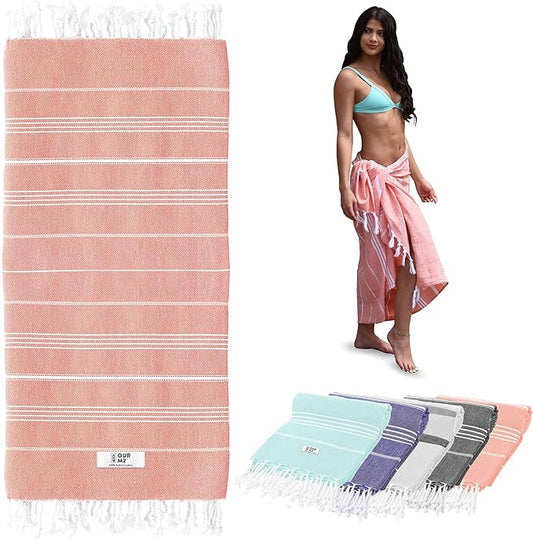 Turkish Beach Towel - Cotton Bathroom Towels Highly-Absorbent Quick Dry Bath Towels 37 x 70 inch Beach Towels Sand-Free Turkish Bath Towel Multipurpose Yoga Towel Beach Blanket (Coral)