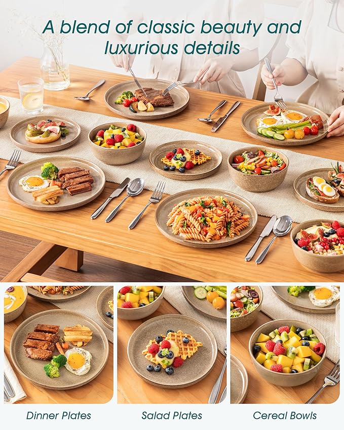 vancasso ANYA 18 Pieces Plates and Bowls Set, Caramel Dinnerware Sets, Reactive Glaze Dishes Set for 6, Ceramic Dishware Sets Kitchen Dinner Set, Microwave & Dishwasher Safe