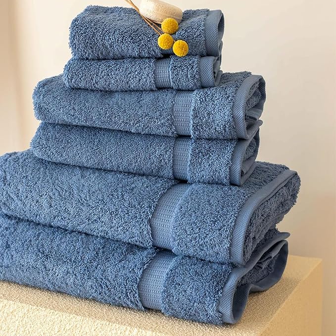 SALBAKOS 100% Turkish Cotton 6-Piece Towel Set | Heirloom Quality Hotel & Spa Collection | Ultra Soft, Super Absorbent 2 Washcloth, 2 Hand, 2 Bath Towel Sets | Made in Turkey (Blue, 6 Piece Towel Set)