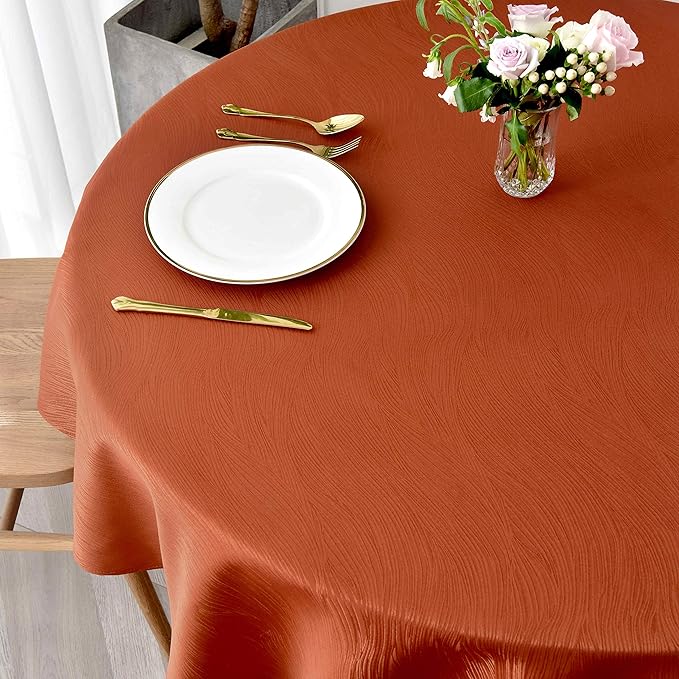 maxmill Round Jacquard Tablecloths Swirl Design Spillproof Wrinkle Free Heavy Weight Soft Table Cloth for Circular Table Cover Fall Harvest Thanksgiving Parties Holiday Dinner, Round 90 Inch Rust