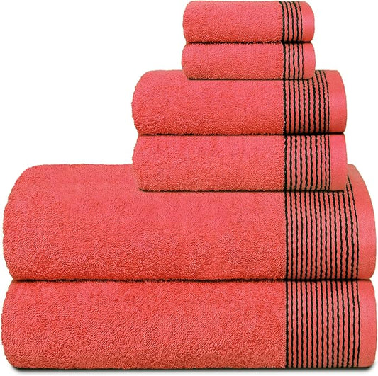 Belizzi Home 100% Cotton Ultra Soft 6 Pack Towel Set, Contains 2 Bath Towels 28x55 inchs, 2 Hand Towels 16x24 inchs & 2 Washcloths 12x12 inchs, Compact Lightweight & Highly Absorbant - Coral Orange