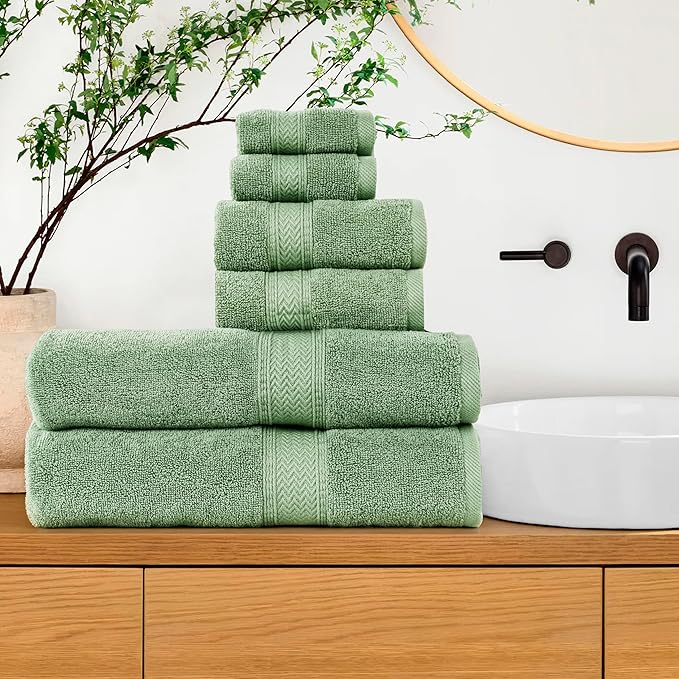 HILLFAIR Premium 600 GSM 6 Piece Towel Set- 2 Bath Towels, 2 Hand Towels & 2 Washcloths, Machine Washable, Hotel Quality, Super Soft & Highly Absorbent Cotton Towel: Sage