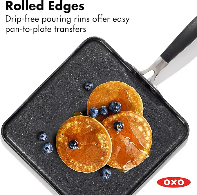 OXO 11” Non-Stick Every Day Square Griddle, BPA-Free Comfort Grip Silicone Handle, Dishwasher & Oven Safe, PFAS-Free Ceramic Skillet, Pancake Pan, Black