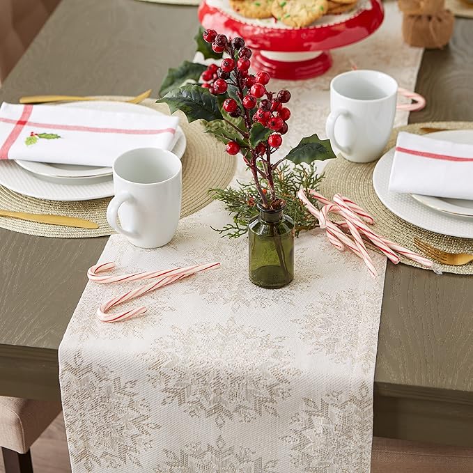 DII Holiday Dining Table Linen Sparkle Metallic Kitchen Décor, Table Runner, 14x72, Jacquard Snowflakes