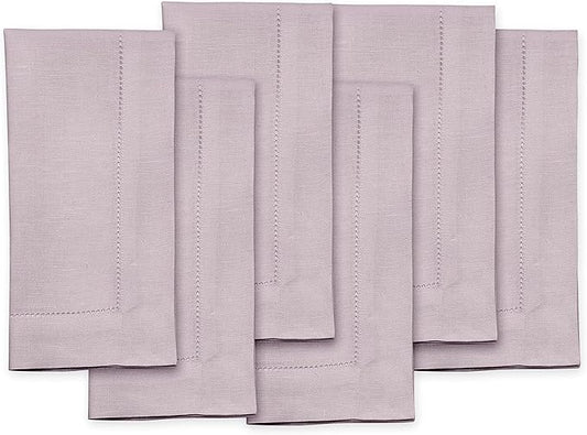 Solino Home Linen Napkins Set of 6 - Classic Hemstitch 100% Pure Linen Lilac Dinner Napkins Cloth 20 x 20 Inch for Valentines - Handcrafted and Machine Washable