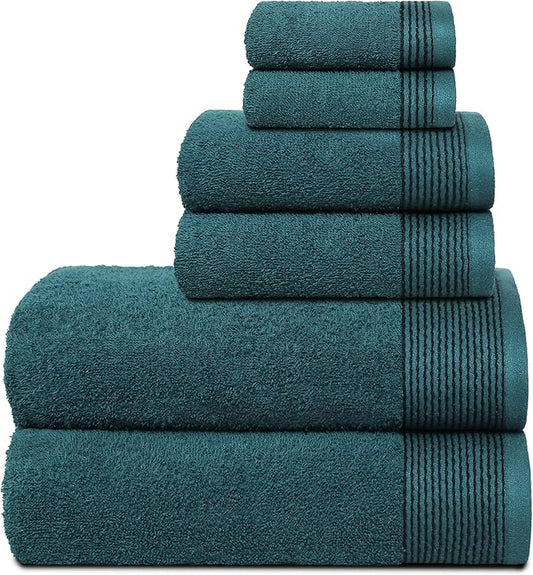 Belizzi Home 100% Cotton Ultra Soft 6 Pack Towel Set, Contains 2 Bath Towels 28x55 inchs, 2 Hand Towels 16x24 inchs & 2 Washcloths 12x12 inchs, Compact Lightweight & Highly Absorbant - Teal