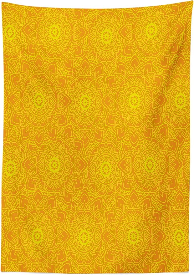 Ambesonne Yellow Mandala Tablecloth, Vibrant Colored Abstract Lotus Flowers Native Artwork Warm Sun Inspired, Rectangular Table Cover for Dining Room Kitchen Decor, 60" X 90", Orange Yellow