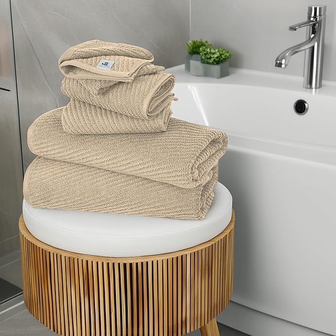 Tens Towels Pack of 6 Zero Twist Towels Set, 2 Bath, 2 Hand, 2 Waschloths, 100% Cotton, Light Weight, Extra Absorbent, Exceptional Softness, Perfect for Bathroom (Beige)