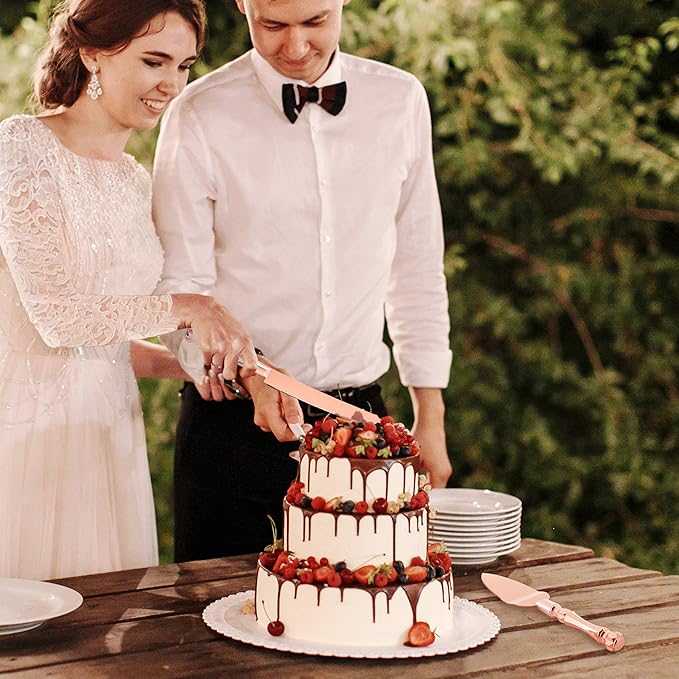 Homi styles Wedding Cake knife and Server Set | Elegant Rose Gold Color Premium 420 Stainless Steel plated Blades | Cake & Pie Serving Set for Wedding Cake, Birthdays, Anniversaries, Parties