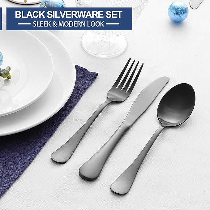 E-far 24-Piece Black Silverware Set with Steak Knives, Stainless Steel Flatware Cutlery Set for 4, Matte Black Metal Eating Utensils Sets Include Forks and Spoons Knife, Modern Design & Rust Proof