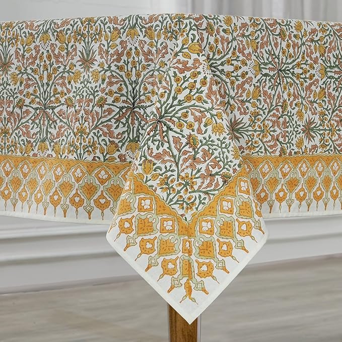 Ridhi Goldenrod Yellow Hand Block Print Cotton Rectangle Tablecloth 190" x 72" inches Reusable Table Cover Decorative Everyday Use for Dining, Farmhouse, Home, Party, Festive, Wedding, Fall