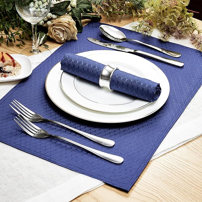Place Mats Set of 8 – Rectangle Rectangular Waterproof Fabric Polyester Cloth Washable Wipeable Heat Resistant Placemats for Kitchen Dining Dinner Table Indoor 13 x 19 Inch Navy Blue