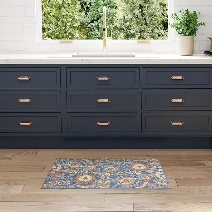 Nourison Home Aloha Blue Rose 2'8" x 4' Area Rug - Easy Clean, Non Shedding, Bed Room, Living Room, Dining Room, Kitchen (3' x 4')