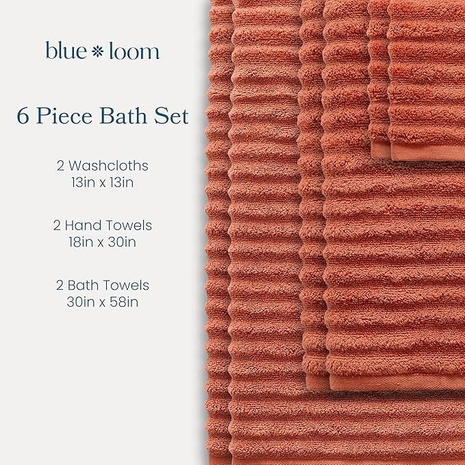 Blue Loom Ribbed Bath Towels Set, 100% Cotton 600GSM, Soft Absorbent Durable 2 Bath Towels, 2 Hand Towels, 2 Wash Cloths for Bathroom - Mason (58" x 30" inch Towels) (Terracotta, 6 Piece)
