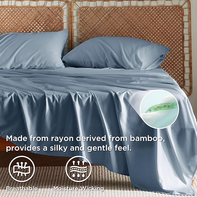 Bedsure Full Size Bed Sheets, Cooling Sheets, Rayon Derived from Bamboo, Breathable & Soft, Deep Pocket Up to 16 Inches, Hotel Luxury Silky Bedding for Hot Sleepers, Dusty Blue