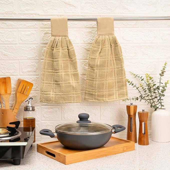 Blue Needles Hanging Kitchen Towels - Beige 100% Cotton Solid Kitchen Tie Towel, Set of 2 Hand Dish Cloth with Hanging Loops 9 x 17 Inches, Absorbent, Super Soft, and Fast Drying Home Essential