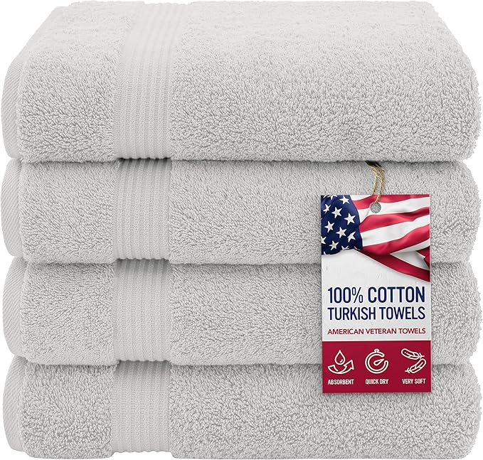 American Veteran Towel, 100% Cotton Turkish Bath Towels for Bathroom 4 Pack, 27x54 Extra Large Premium Soft Drying Bathroom Towels, Silver Grey
