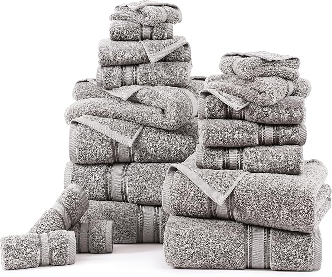 LANE LINEN 18 Pack Towels for Bathroom – 100% Mercerized Cotton, Zero Twist, 6 Bath, 6 Hand Towel & 6 Wash Cloths,Gentle on Body, Highly Absorbent, Remains Soft After Wash, Hotel & Spa Quality – Grey