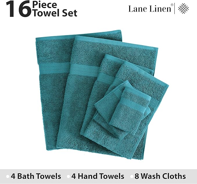 LANE LINEN 100% Cotton Luxury Bath Towel Set - 16 Pieces - Ring Spun, Quick Dry, Highly Soft & Absorbent - 4 Bath Towels, 8 Washcloths, 4 Hand Towels for Bathroom - Sustainably Produced - Sea Port