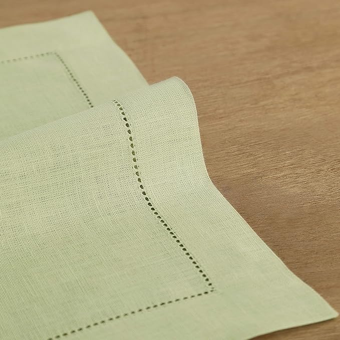 Solino Home Linen Cloth Placemats Set of 6-100% Pure Linen Hemstitch Sage Green Placemats 14 x 19 Inch - Classic Hemstitch Table Place Mats for Winter, New Year