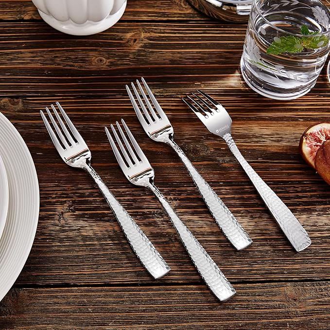 KEAWELL Premium 8-Piece 7.6 inch Louis Hammered Fork Set, 18/10 Stainless Steel, Squared Edge with Smooth Rounded Edges for Enhanced Comfort, Dishwasher Safe (8, 7.6" Salad Fork)