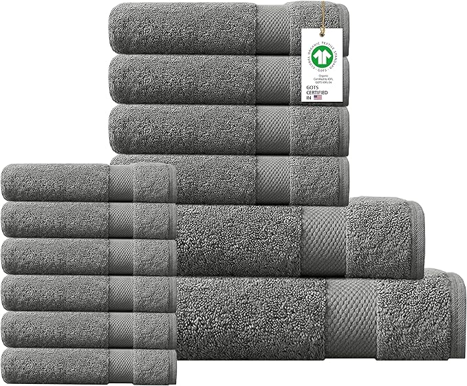 Delara 100% Organic Cotton Towels 650 GSM Plush Feather Touch Quick Dry Towel, 12-Piece Towel Set GOTS Certified, Oeko-Tex Green Certified, 1 Bath Towel, 1 Bath Sheet, 4 Hand Towels & 6 Wash Cloths