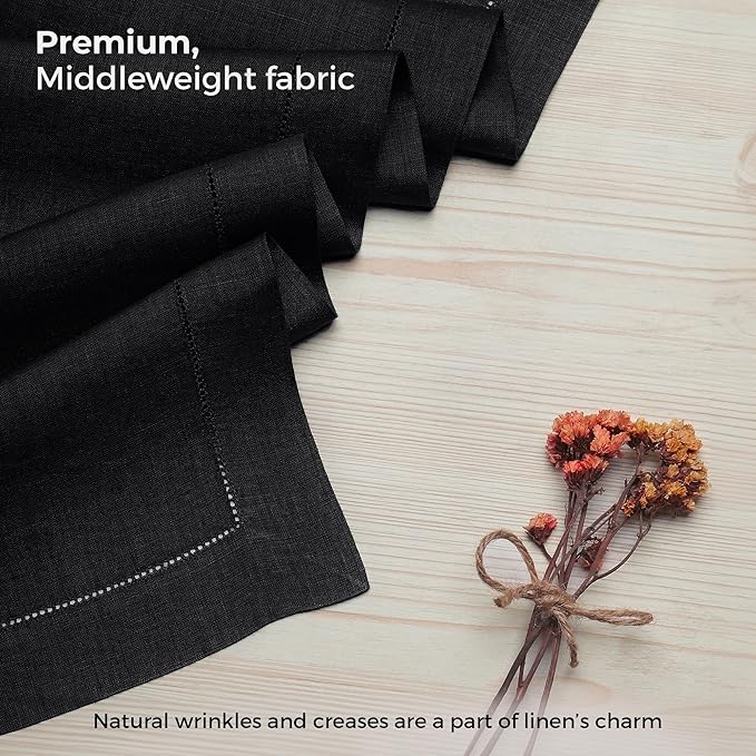 D'Moksha Homes Linen Black Table Runner 48 Inches - Classic Hemstitch, 100% Pure Linen Coffee Table Runner 14 x 48 Inch Ideal for Dresser Tables - Winter, Holiday, New Year