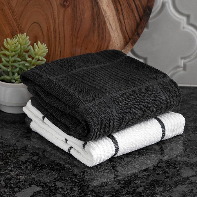 T-Fal Solid & Checked Parquet Kitchen Towels: Highly Absorbent, Super Soft - 100% Cotton, 16"x26" Dish Towels for Cleaning & Drying Dishes, Pans, Glassware, or Countertops, 2-Pack, Charcoal
