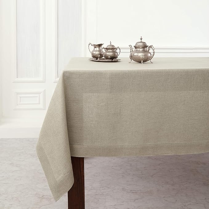 Solino Home Natural Linen Tablecloth 60 x 120 Inch - 100% Pure Linen Hemstitch Table Cloth for Rectangle Tables - Classic Hemstitch, Machine Washable Tablecloth for Holiday, New Year