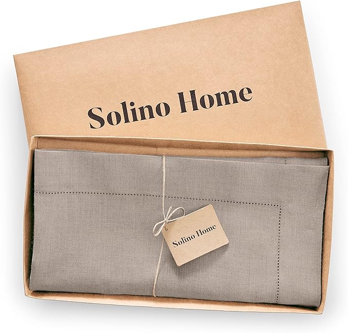 Solino Home Natural Linen Tablecloth 52 x 52 Inch - 100% Pure Linen Square Table Throw - Classic Hemstitch, Machine Washable Table Cloth for Holiday, New Year