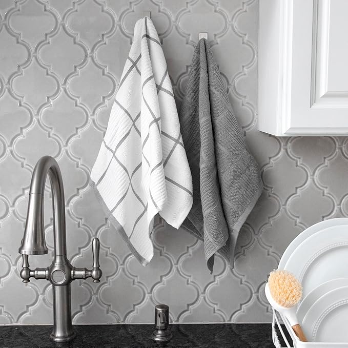 T-fal Solid & Checked Parquet Kitchen Towels: Highly Absorbent, Super Soft Long Lasting - 100% Cotton, 16"x26" Dish Towels for Cleaning & Drying Dishes, Pans, Glassware, or Countertops, (2-Pack), Gray