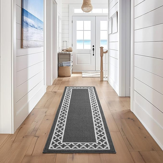 Nautica Runner Rug, Indoor Carpet for Entryway & Hallway Rug, Non-Skid Entry and Kitchen Door Mat, Machine Washable Low Profile Floor Mat, 26" x 96", Trellis Border Dark Grey and White