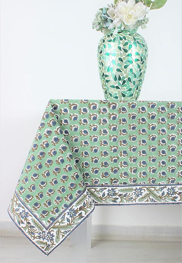 Ridhi Basil Green Hand Block Print Cotton Rectangle Tablecloth 120" x 80" inches Reusable Table Cover Decorative Everyday Use for Dining, Farmhouse, Home, Party, Festive, Wedding, Fall