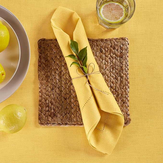 Solino Home Linen Cloth Napkins Set of 4-100% Pure Linen Marigold Yellow Dinner Napkins 20 x 20 Inch - Medium Weight Hemstitch, Handcrafted and Machine Washable