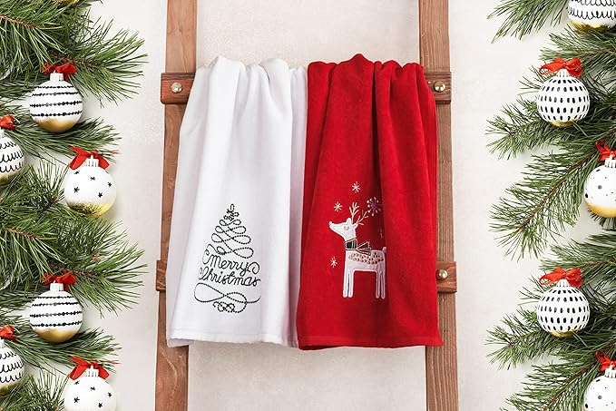 American Soft Linen Christmas Bath Towels Bathroom Set, 2 Packed Embroidered Decorative 100% Turkish Cotton Hand Bath Towels, Dish Towels for Decor Xmas, Tree-Deer