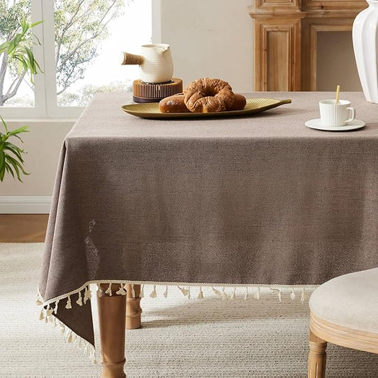 Linen Tablecloth with Tassels, Farmhouse Style Brown Tablecloth, Water Resistant Burlap Tablecloths for Rectangle Table, 60x120 Inch Cocoa Brown