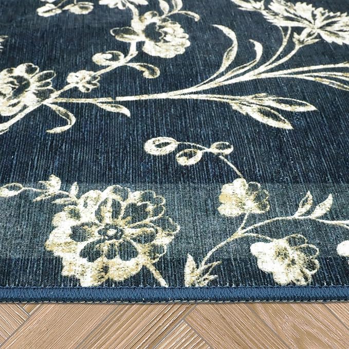Laura Ashley Dark Navy Aria Floral Border Machine Washable & Slip Resistant 5' x 7' Area Rug