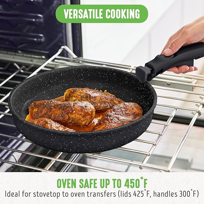 GreenLife 10 Piece Nonstick Pots & Pans Set, Detachable Handle & Stackable Cookware Set, Non Toxic PFAS-Free Skillets, Induction Kitchen Pans, Space Saving, Serving Bowls, Oven Safe, Granite Black