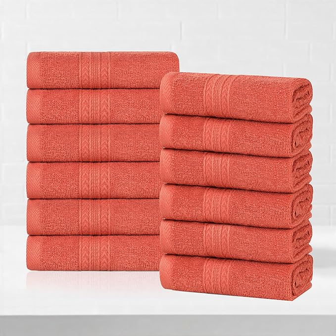 Superior Eco-Friendly Cotton 12-Piece Face Towel/Washcloth Set, Small, Fast Drying Towels for Face, Spa, Resort, Hotel, Hand, Shower, Guest Bathroom, Home, Airbnb, Apartment Essentials, Rust