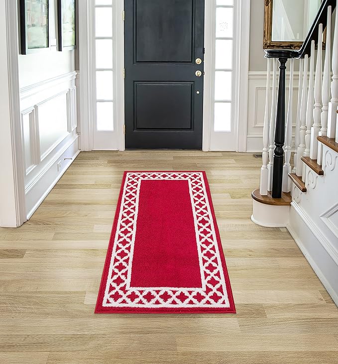 Nautica – Runner Rug | Indoor Runners for Hallways and Entry Rugs| Non-Slip and Non-Skid Entry and Kitchen Door Mat| Machine Washable Entryway Carpet Rugs |26” x 60” | Trellis Red