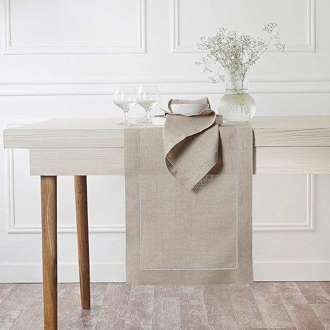 D'Moksha Homes Linen Natural Table Runner 144 Inches Long - 100% Pure Linen Extra Long Table Runner 14 x 144 Inch for Winter, Holiday, New Year - Classic Hemstitch