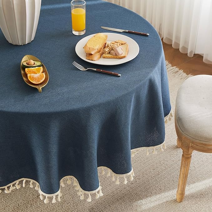 Linen Tablecloth with Tassels, Farmhouse Style Navy Tablecloth, Water Resistant Burlap Tablecloths for Round Table, 60 Inch Round Navy
